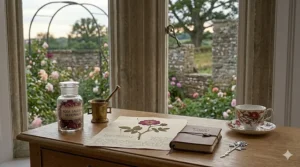 A jar of dried Rosa Gallica petals alongside a brass mortar and pestle and a vintage teacup, evoking a classic British floral heritage.