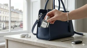 A small travel-sized fresh clean perfume for women being pulled out of a stylish leather handbag, perfect for refreshing on the go.