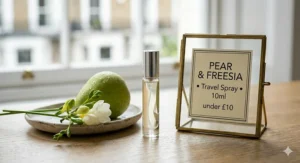 A photorealistic 4K detailed illustration of a 10ml travel-size pear and freesia fragrance spray on a wooden table, priced under £10, perfect for a woman's handbag or commute.