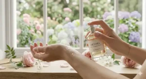 An elegant, vintage-style glass bottle of floral perfume for women sitting on a mirrored dressing table tray.