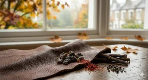 A bottle of 'White Leather & Amber' perfume arranged with tan Chelsea boots, a cream pashmina, and pearl jewellery near an autumnal window.