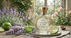 Alt text for image 6: A sophisticated perfume for women bottle with White Musk and Jasmine branding, accompanied by delicate white jasmine flowers and vintage books.