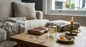 A cosy winter scene with a scarf and a bottle of warming oriental perfume for ladies, ideal for UK weather.