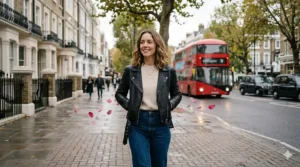 A stylish woman wearing a black leather jacket walking down a residential London street with a red double-decker bus in the background.