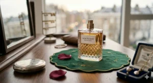 A woman wearing a chic wool coat and elegant evening perfume arriving at a West End theatre in London.