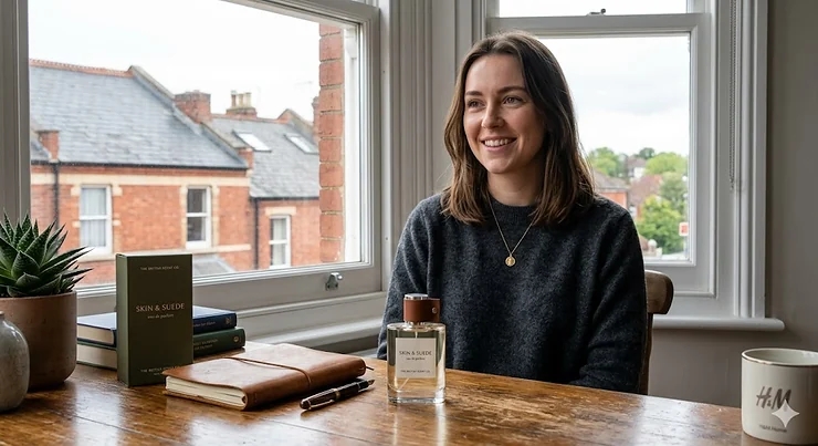 Alt text for image 1: A photorealistic lifestyle image of a British woman at a rustic wooden desk with a bottle of Skin & Suede perfume, set against a backdrop of traditional UK red-brick houses in natural daylight. soft leather perfume women
