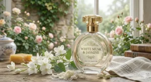 Alt text for image 5: A boutique Oakmoss and Bramble perfume for women bottle from Sandersson and Co, accented by autumn oak leaves, acorns, and wild blackberries.