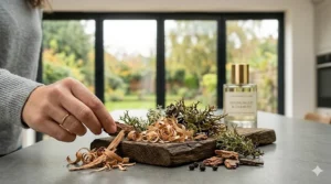 A beautifully wrapped gift box containing a woody perfume and matching body lotion, a perfect luxury present for women in Britain.