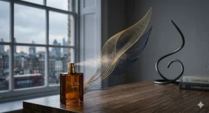 Abstract visual representation of confidence and strength through bold scent trails and minimalist lines.
