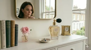 Abstract golden swirls representing the elegant sillage and lasting power of a high-end feminine fragrance.