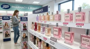 A stylish display of affordable high-street perfumes for teenage girls available in UK shops.