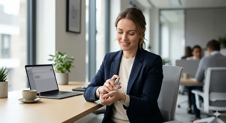 A professional woman in a tailored navy blazer applies a subtle perfume at her bright London office desk, perfect for office appropriate perfume for ladies in the UK. (watermarked_img_15386822116277332890) office appropriate perfume ladies
