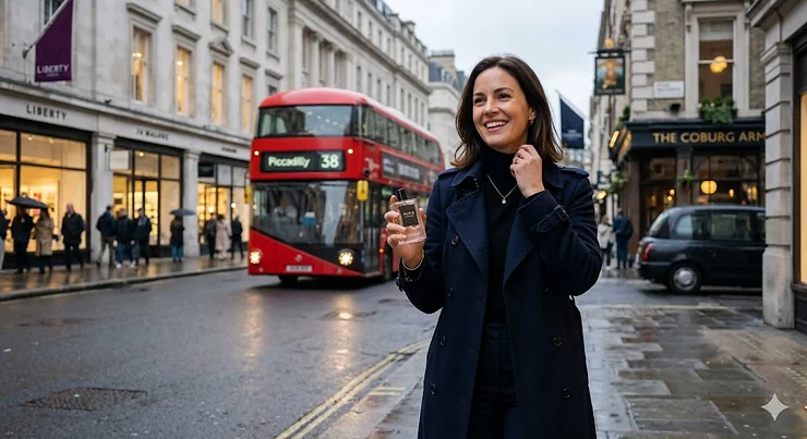 A confident British woman wearing a bold perfume, standing in a stylish London street setting, radiating self-assurance and modern elegance. bold confident perfume women