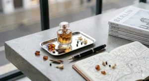 Artistic illustration of deep oud and amber notes, characteristic of a bold, long-lasting perfume for women.