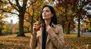 A woman in a classic trench coat walking through a British park, complemented by a bold, warm perfume.