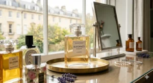 A minimalist illustration of a timeless, square-cut perfume bottle synonymous with sophisticated scents for women.