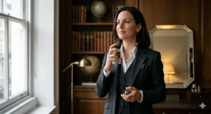 A woman in a tailored British power suit, finishing her look with a spray of confident, empowering perfume.