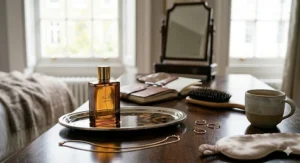 A woman’s dressing table featuring a signature bold perfume, symbolising a confident start to her day.