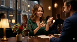 A candid, warm, photorealistic illustration of a woman in an elegant emerald-green silk dress sitting at a candlelit table in a cozy London restaurant, gently applying romantic perfume for women to her wrist before a dinner date.