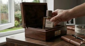 A man's hand carefully lifting a premium bottle of 'Britannic Amber' cologne out of a bespoke, dark-wood 'Vintage Collection' presentation box on a wooden desk.