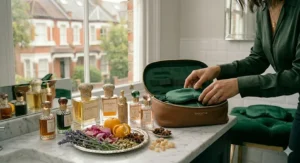 A close-up of a marble bathroom counter showcasing eco-friendly ladies' perfume bottles alongside raw botanical ingredients like star anise, lavender sprigs, and orange peel next to a leather travel case.
