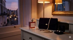 A deep amber-coloured perfume bottle positioned next to a velvet clutch bag and gold jewellery for a formal British evening event.