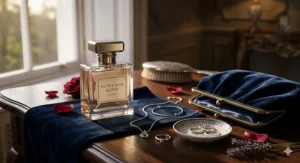 A high-detail photorealistic illustration of a gold-trimmed bottle of romantic perfume for women placed on a dark blue velvet cloth next to a collection of delicate silver jewellery, bracelets, and a vintage velvet clutch bag on a polished wood surface.