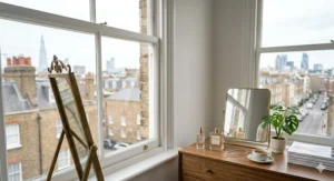 A bottle of fresh floral perfume on a minimalist dressing table next to British fashion magazines.