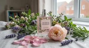An illustration of fresh peony and rose petals surrounding a glass perfume bottle for a light, floral scent.