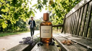 A detailed 4K photograph of the amber Forest Fresh aftershave bottle sitting on a weathered wooden bench in a sunlit London park, capturing a crisp summer scent profile.
