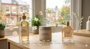 A detailed fragrance family classification diagram on textured paper, pointing to the floral fresh category with rose, jasmine, peony, and bergamot for a delicate feminine scent profile.