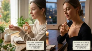 A three-step product guide showing body wash for cleansing, body lotion for hydration, and perfume for a long-lasting finish to layer a delicate feminine scent.