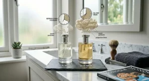 A modern bathroom vanity with a bottle of fresh cologne, a traditional shaving brush, a safety razor, and a copy of Monocle magazine in natural morning light.