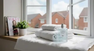 An illustration of clean laundry and blue sky representing a fresh, "clean girl" aesthetic fragrance.