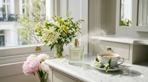 A light, citrus-based fragrance spray captured in natural sunlight, surrounded by elderflower and jasmine.