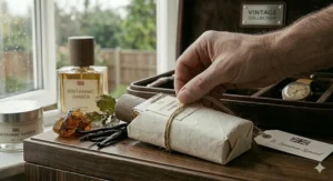 A bottle of premium British aftershave elegantly hand-wrapped in textured parchment paper and tied with twine, complete with a gift tag reading 'To Someone Special' and featuring a Union Jack.