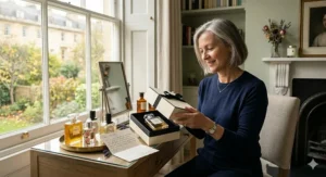 A thoughtful gift-wrapped perfume box with a ribbon, ideal for gifting classic fragrances to mature British women.