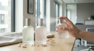 A small, handbag-sized atomiser of office appropriate perfume for ladies is neatly tucked into the inner pocket of a leather work tote bag. (watermarked_img_11596632040262472360)