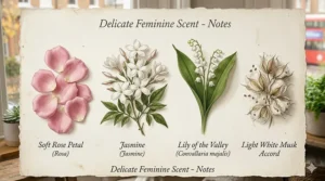 A close-up photograph of a woman's inner wrist showing tiny droplets of spray next to an inner wrist label, demonstrating how to apply a delicate feminine scent.