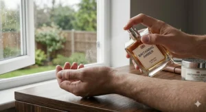 A close-up photograph of a man's hands spraying 'Britannic Amber' aftershave onto his wrist pulse point, set against a bright, rain-misted British window background.