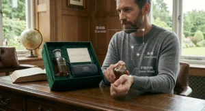 A premium British racing green velvet gift box opened on a dark wood desk to reveal a luxury bottle of vetiver cologne and a Father's Day card.