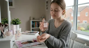 A teenage girl applying perfume to her pulse points on her wrist while sitting at a vanity with British magazines.