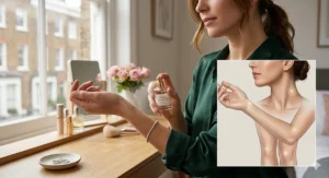 An intimate close-up illustration of a woman’s hand applying romantic perfume for women to her inner left wrist, with a detailed visual diagram inset highlighting key pulse points like the neck, inner elbows, and behind the knees for application.