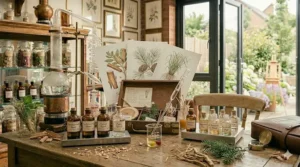 An illustration of a matching grooming set featuring a woody masculine cologne bottle alongside a coordinating cedar-scented body wash and beard oil.
