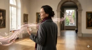 A conceptual photorealistic illustration from behind of a woman walking through a grand, sunlit London art gallery, leaving a beautiful, visible trail of glowing pink, gold, and white particles and abstract floral elements, representing the long-lasting sillage of romantic perfume for women.