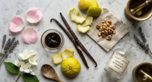 A detailed overhead flat lay illustration on light marble showing raw ingredients for romantic perfume for women, including split vanilla pods, fresh bergamot rinds, natural musk kernels, and delicate rose petals bathed in soft natural light.