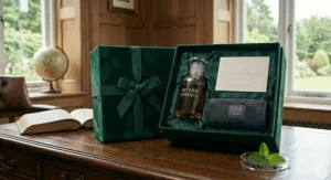 A high-quality canvas and leather gym bag resting on a locker room bench, packed with a water bottle, a dark towel, and a bottle of fresh men's cologne.