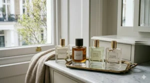 A curated collection of four different elegant perfume bottles arranged neatly on a mirrored tray.
