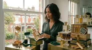A brunette woman opening a beautifully crafted forest green and gold perfume gift box next to an array of luxury fragrances and a mini discovery collection set.