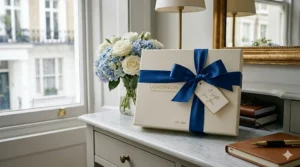 A premium perfume box tied with a heavy silk ribbon, reflecting high-end British department store gift wrapping.